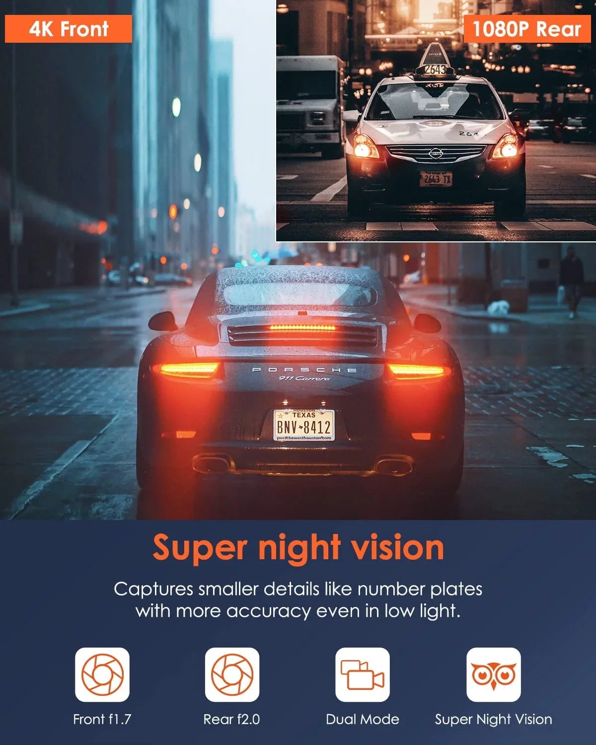 Vantrue  4K +1080P WiFi Dual WiFi Dash Cam Front and Rear with Night Vision, Wireless Car Camera Built in Super Capacitor,  for Backup camera, , 24Hs Parking Mode, -sensor ( Duo)