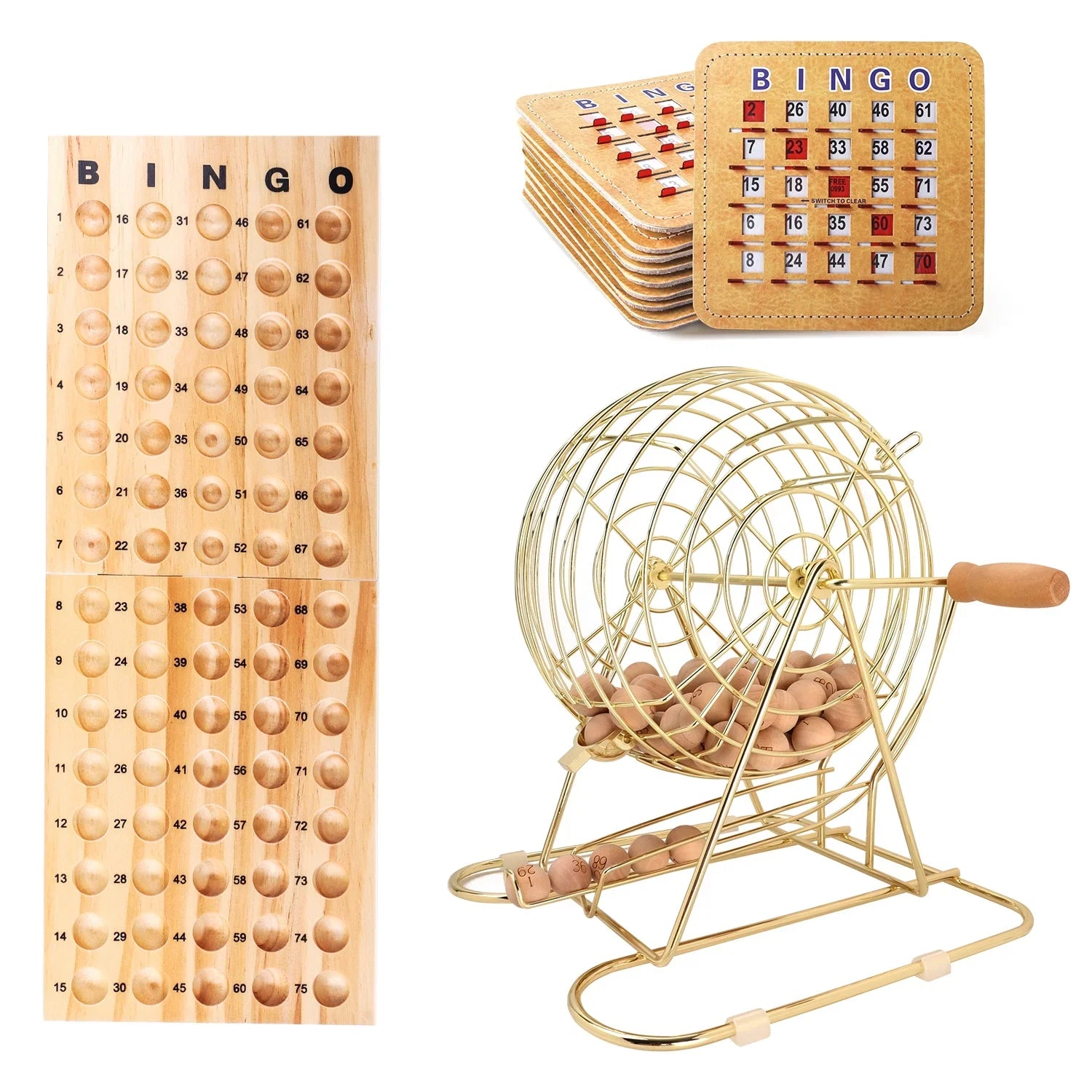 Games & Sports Expert Deluxe Bingo Game Set with Gold Bingo Cage, Wood Masterboard, Wood Bingo Balls and Shutter Bingo Cards. Great for Kids, Adults and Family Party