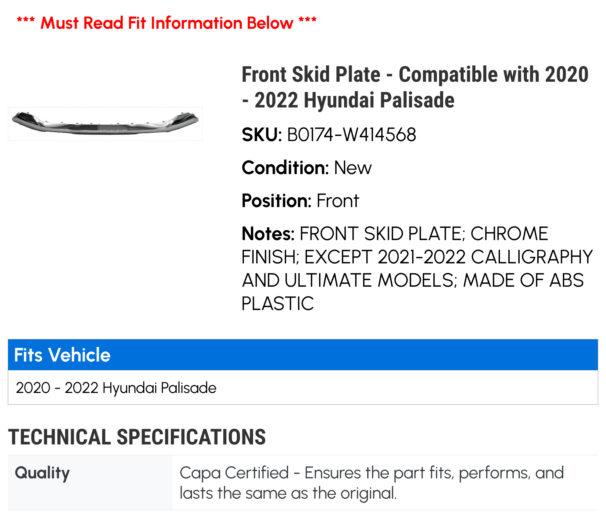 Front Skid Plate - Compatible with 2020 - 2022 Hyundai Palisade 2021