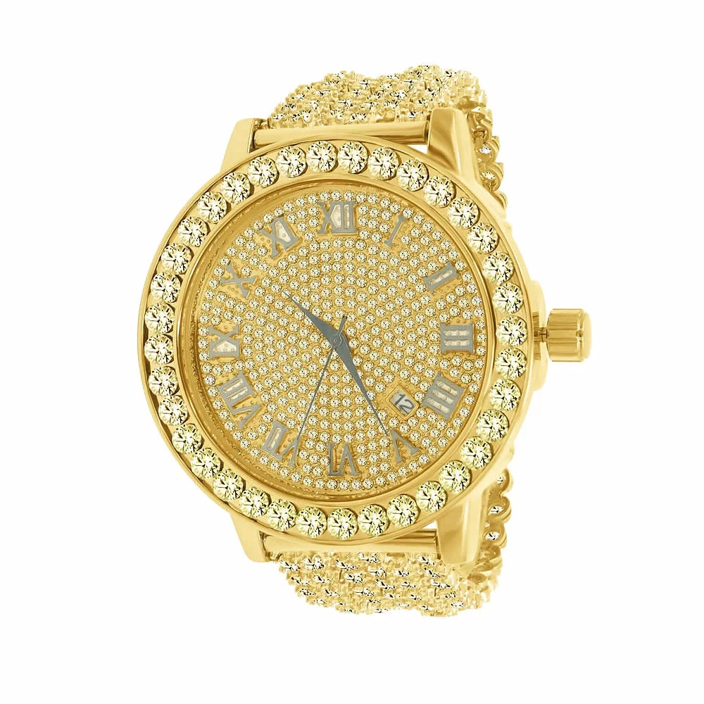 Mens Roman Numerals Watch Lab Diamond Canary Tone Stainless Steel 1 Row Bezel Custom Iced Out Band Khronos Jo Rodeo /Date