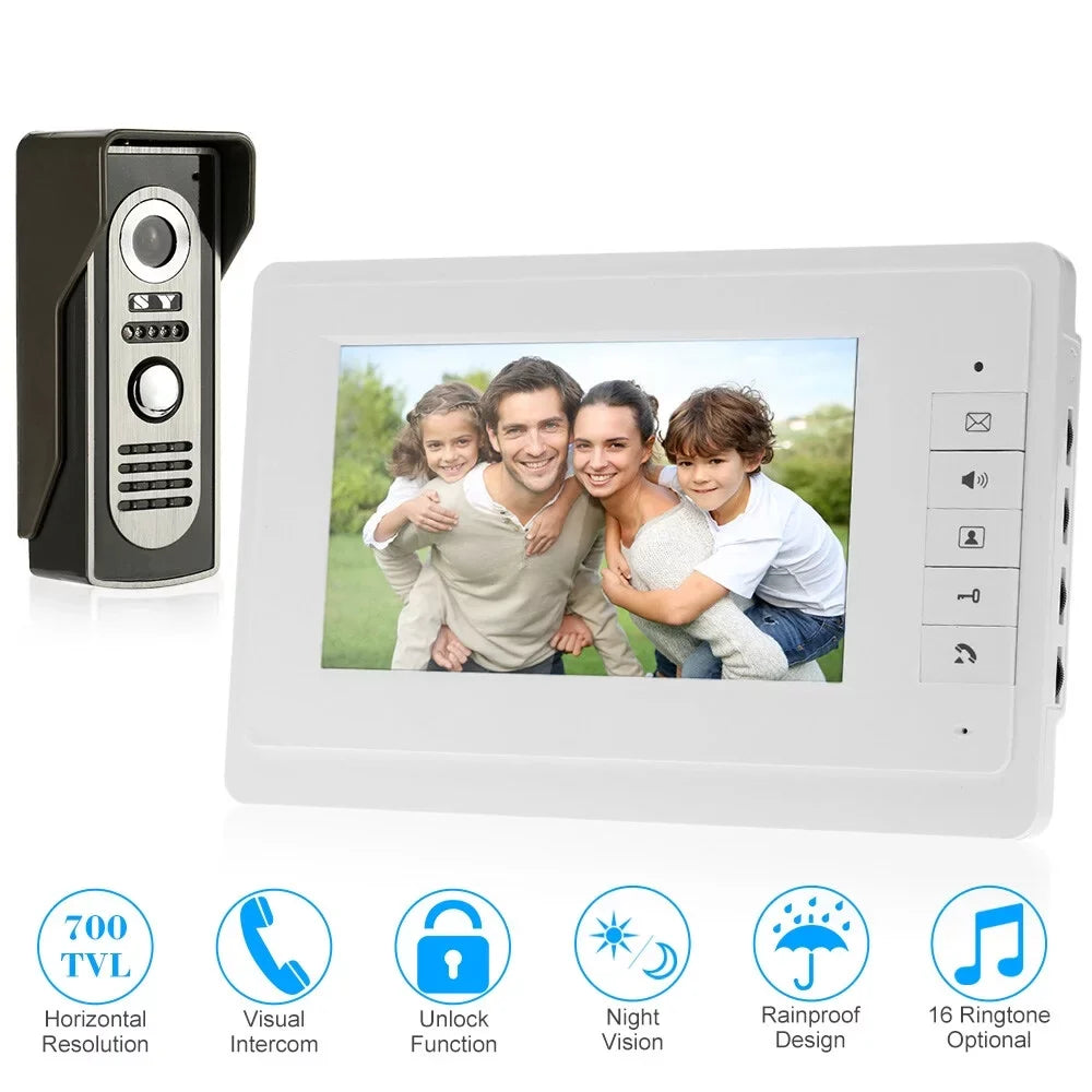7” Wired Video Door Phone System Visual Doorbell with Indoor Monitor and Outdoor support Unlock Infrared Night View Rainproof for Home