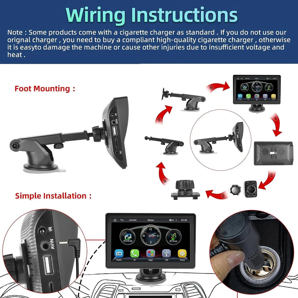 Podofo 12-30V 7" Portable Touch Screen Car Stereo Radio Wireless Carplay Android Auto Mirror Link  Bluetooth / for Car Suv Van Pickup, with Backup Camera