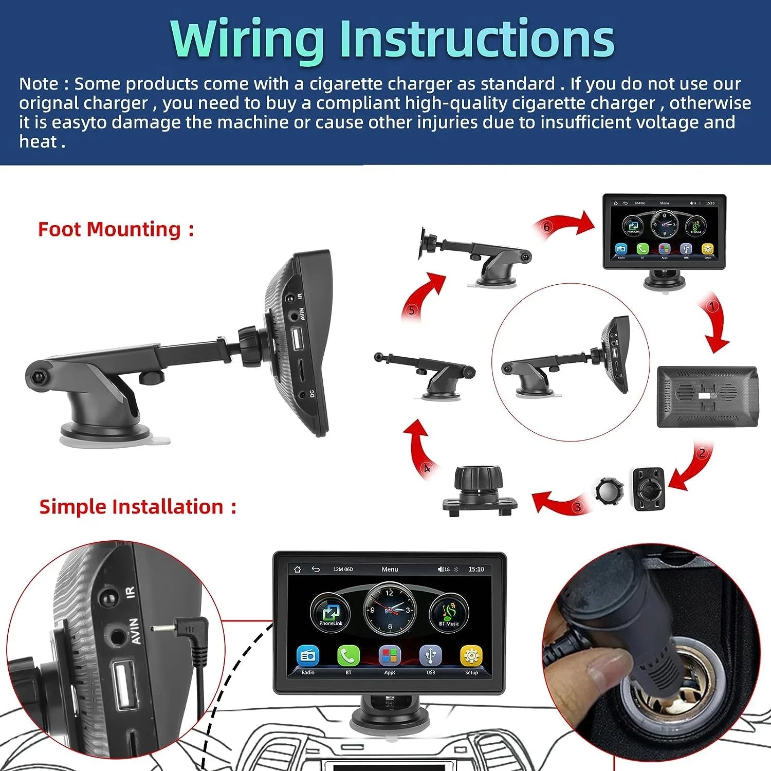 Podofo 12-30V 7" Portable Touch Screen Car Stereo Radio Wireless Carplay Android Auto Mirror Link  Bluetooth / for Car Suv Van Pickup, with Backup Camera