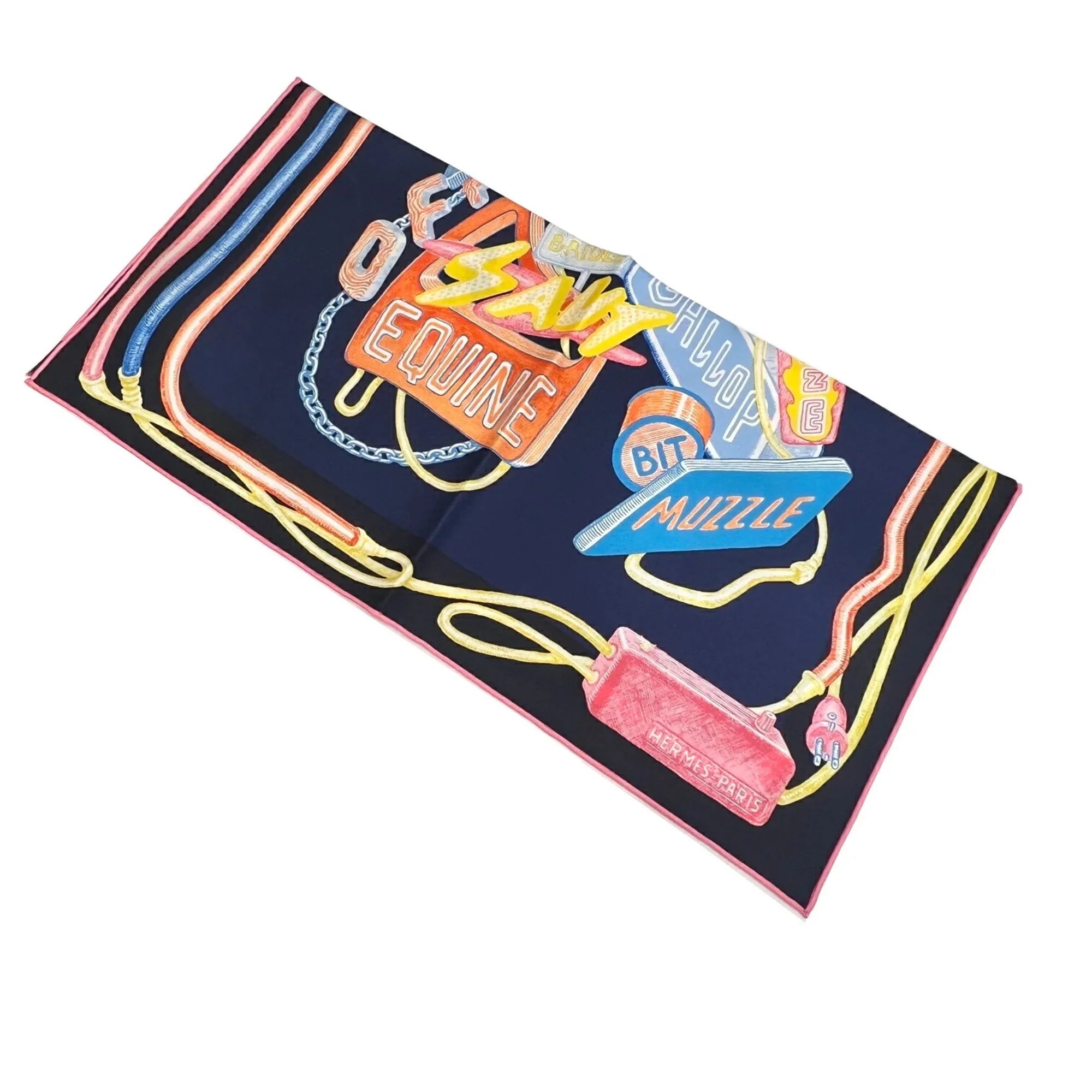 Pre-Owned Hermes  Carre 45 Chevaloscope Neon Pointill 23SS Scarf Mini New Silk Ladies Marine Rose Jaune Horse (Like New)
