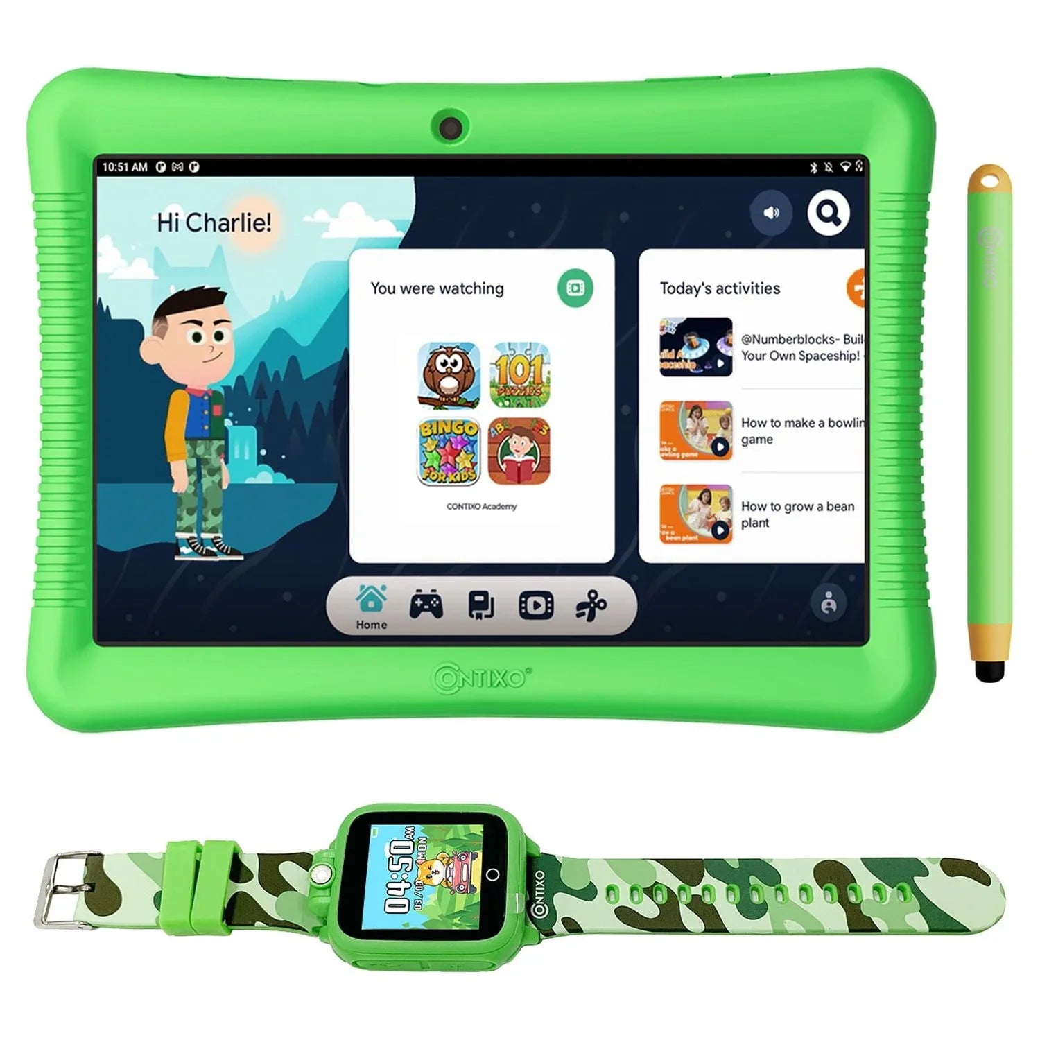 Contixo 10" Android Kids Tablet and Smart Watch Bundle 64GB, Includes 80+ Disney Storybooks & Stickers (Value $400), Kid-Proof Case with Kickstand & Stylus, (2023 Model) - Green