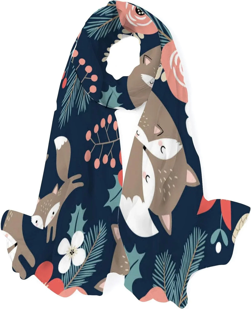 Hyjoy Cute Foxes and Flowers on Dark Blue Long Silk Neck Scarf Lightweight Shawl Wrap Scarves for Women Girls