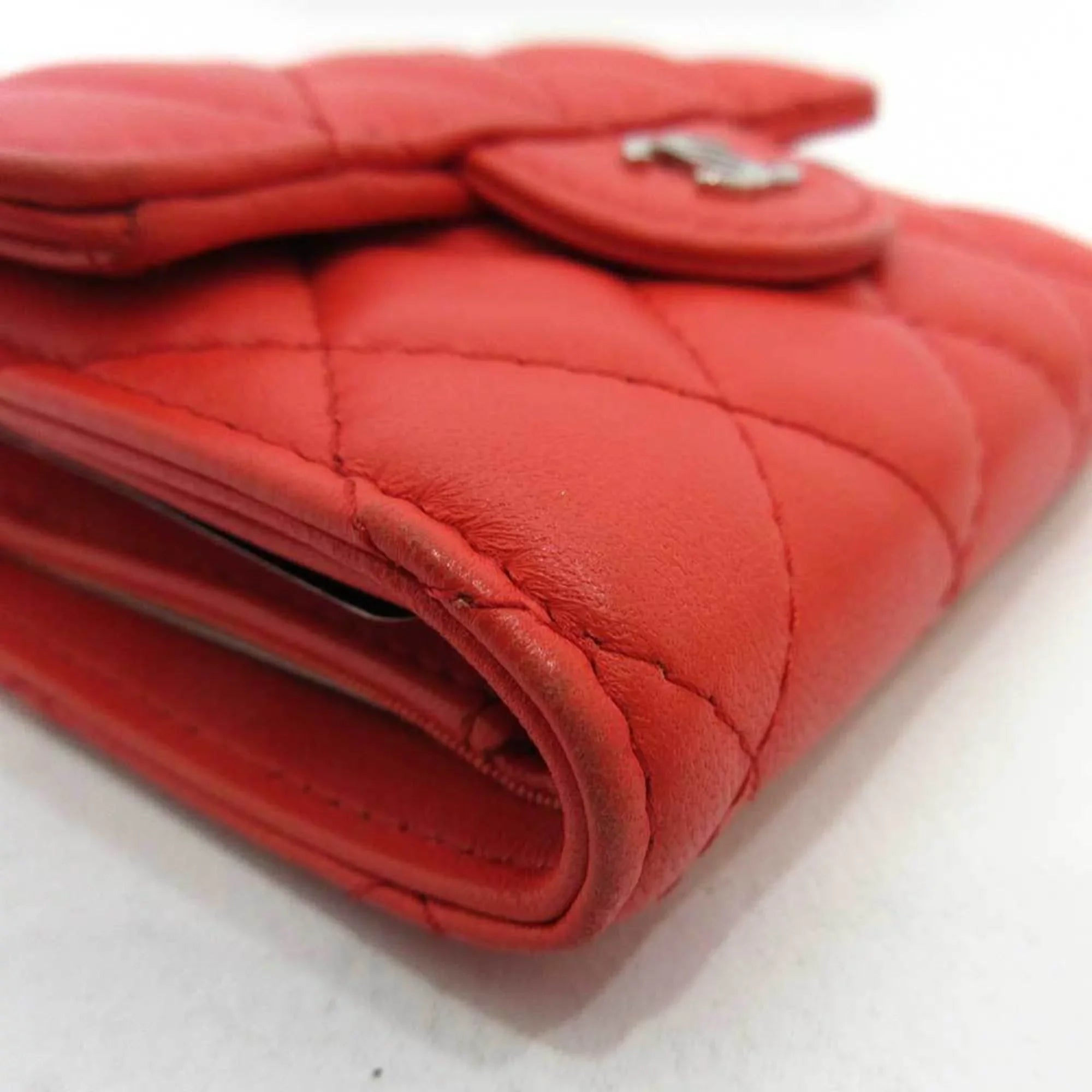 Pre-Owned Chanel Wallet Small Orange Red Series Silver Metal Fittings Mini Trifold Matelasse Women's Lambskin  (Good)