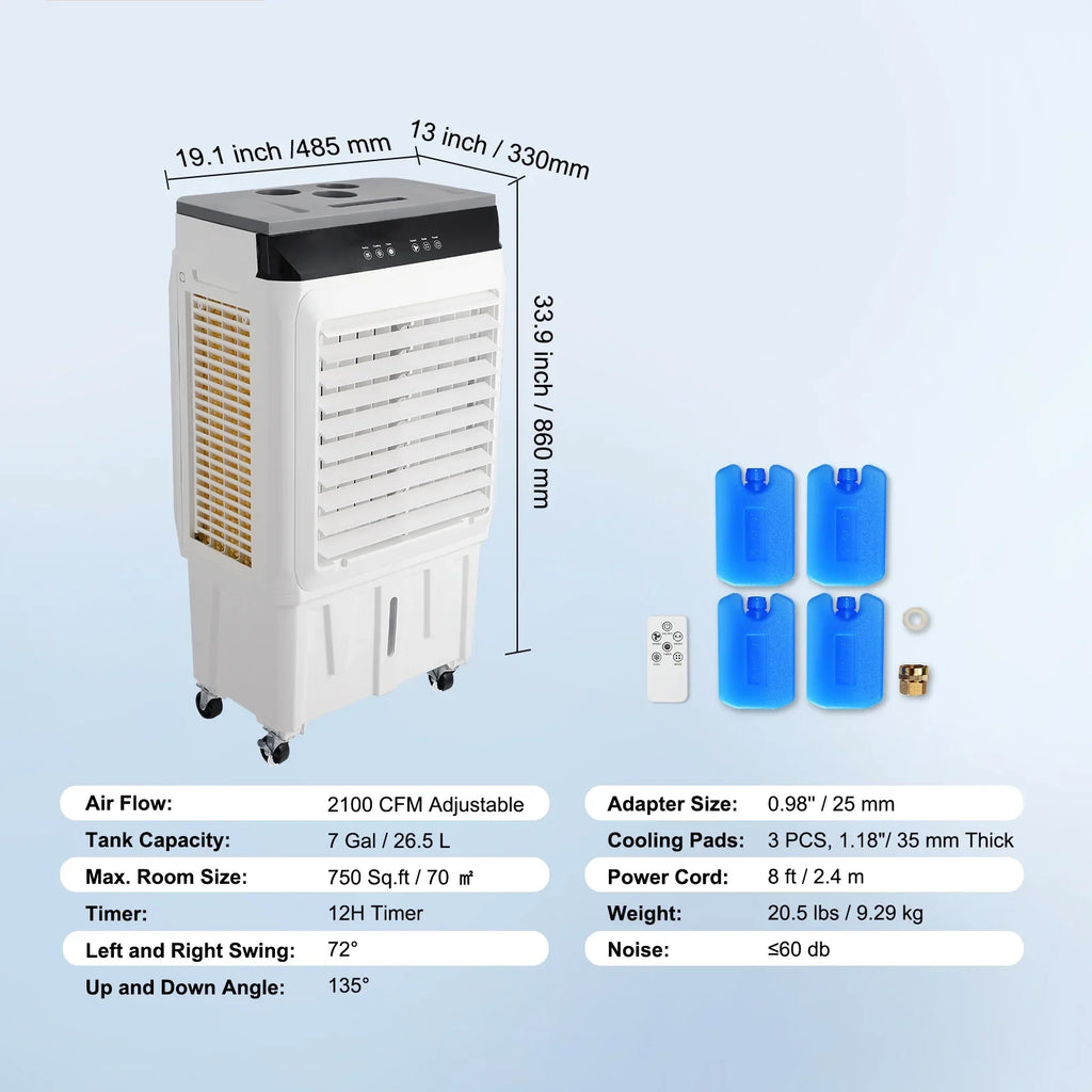 Evaporative Cooler Swamp Cooler 3-in-1 2100  7 Gal 12h Timer Air Humidifier