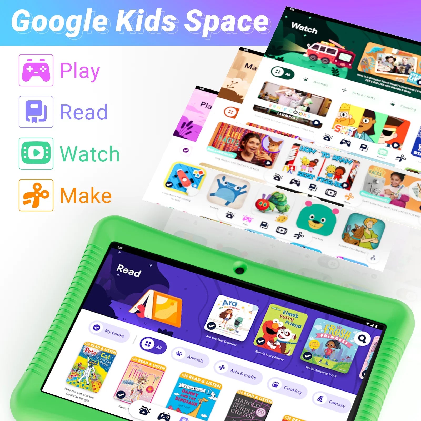 Contixo 10" Android Kids Tablet and Smart Watch Bundle 64GB, Includes 80+ Disney Storybooks & Stickers (Value $400), Kid-Proof Case with Kickstand & Stylus, (2023 Model) - Green