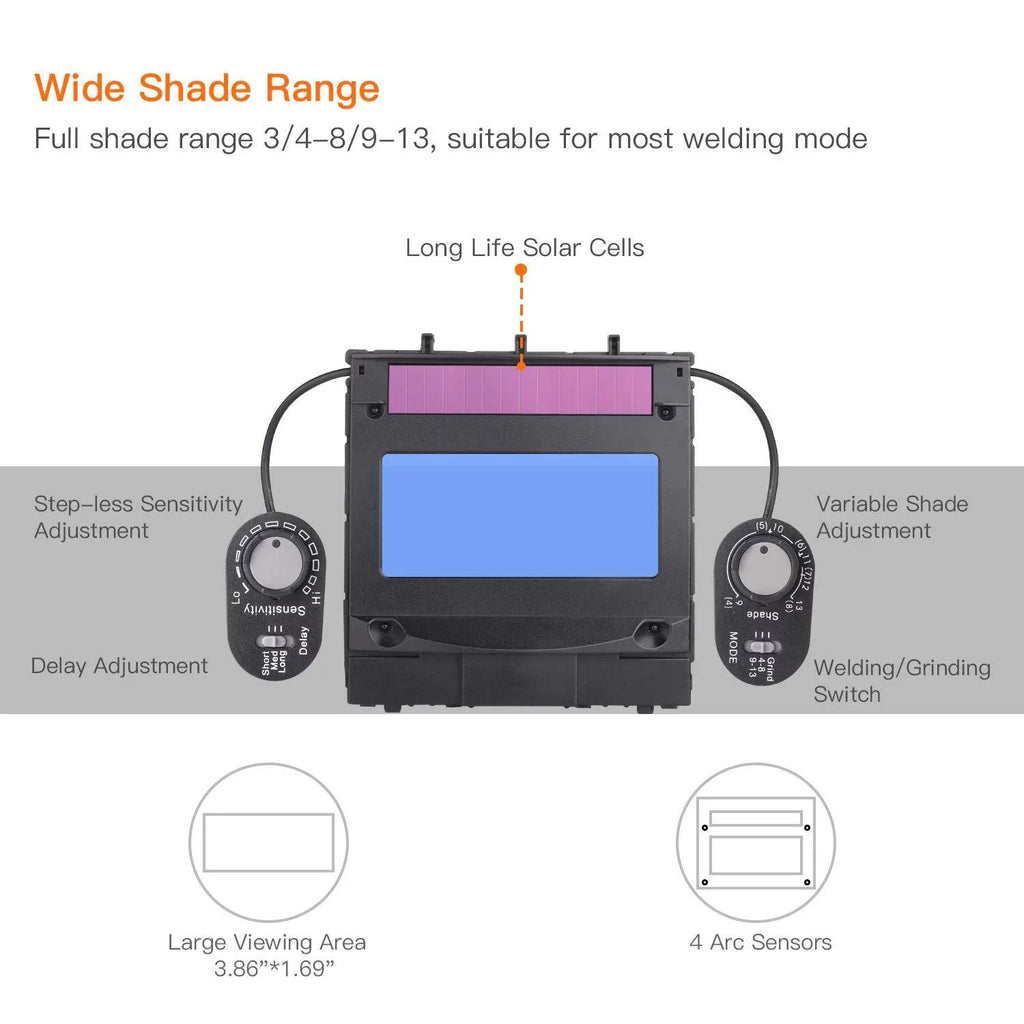 Welding Helmet Solar Power Auto Darkening, Optical Class (1/1/1/1), Full Shade Range 3/4-8/9-13, 6Pcs Replacement Lenses, Grinding Feature for    Plasma -
