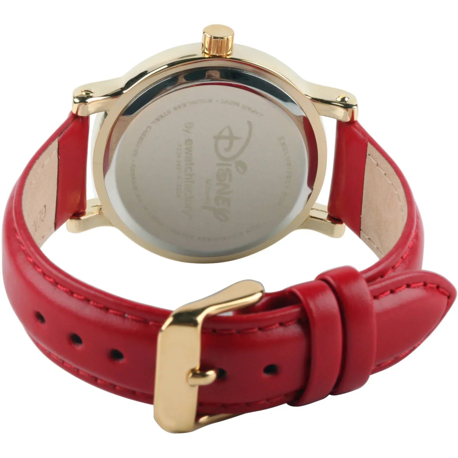 Articulating Classic Minnie Mouse Red Polka Dot Dress Women's Gold Vintage Alloy Watch, Red Leather Strap