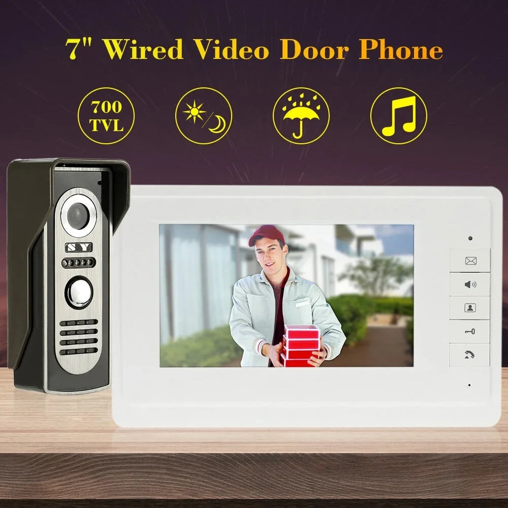7” Wired Video Door Phone System Visual Doorbell with Indoor Monitor and Outdoor support Unlock Infrared Night View Rainproof for Home