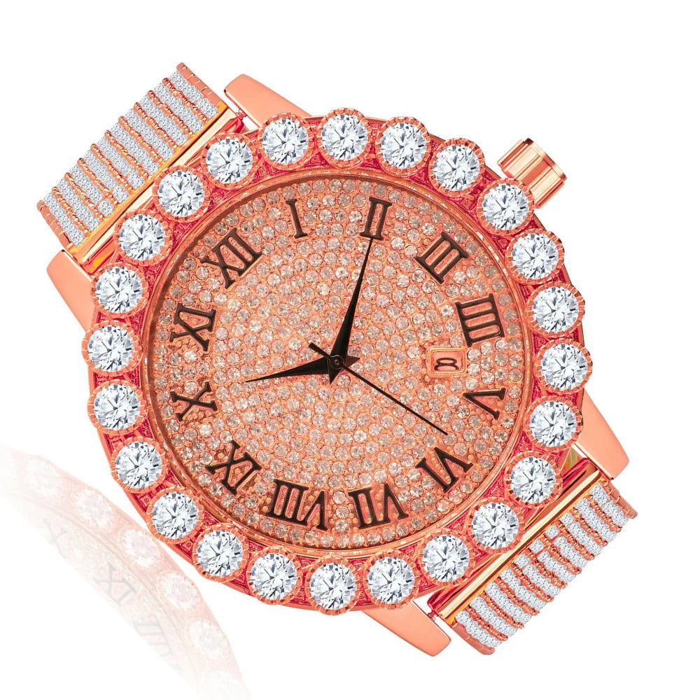 Roman Dial Solitaire Bezel Men's Lab Diamond 18K Rose Gold Finish Stainless Steel Back 10 Row Iced Out Band Custom Khronos Watch /Date