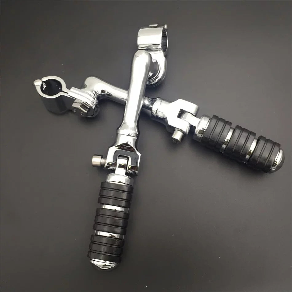 '- Chrome Regular Footrest Foot Pegs with 1-1/2" 1.5" Long Angled Clamps For Harley Sportster 883  1200/Triumph Rocket 3 /Kawasaki Vulcan