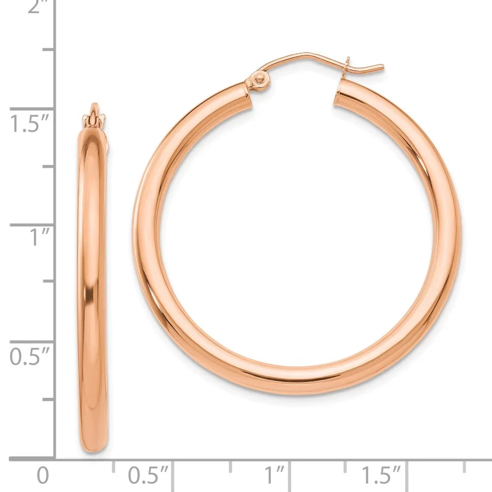 Real 14kt Rose Gold Polished 3mm Lightweight Tube Hoop Earrings; for Adults and Teens; for Women and Men