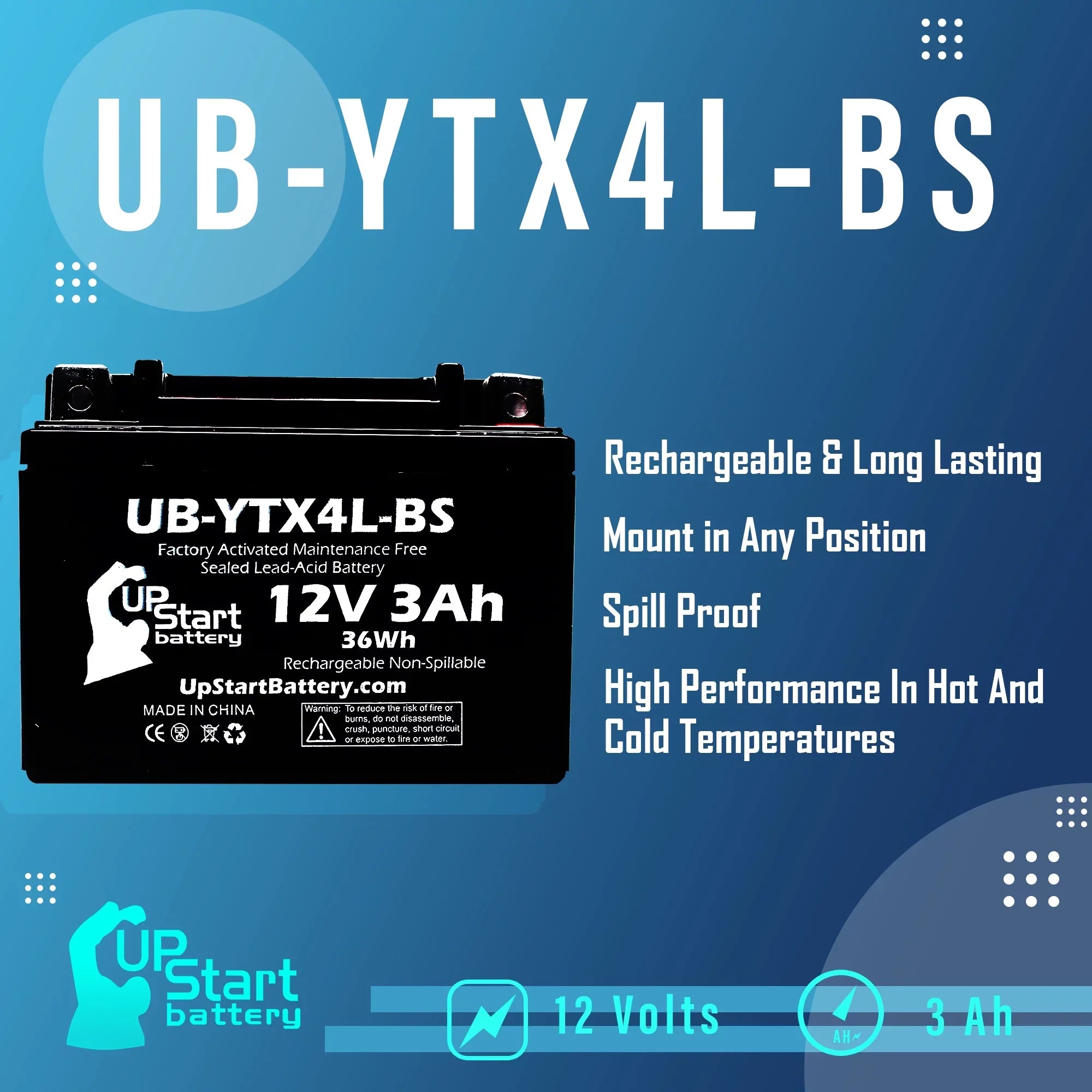 4-Pack UpStart Battery Replacement for 2004 Bombardier (Can-Am) , , Quest 90CC Factory Activated, Maintenance Free,  Battery - 12V, 3Ah, --