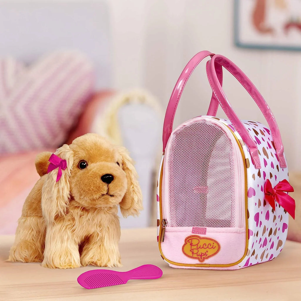 Pucci Pups by Battat Gold & Pink Heart Print Glam Bag w/Cocker Spaniel, 8 inches