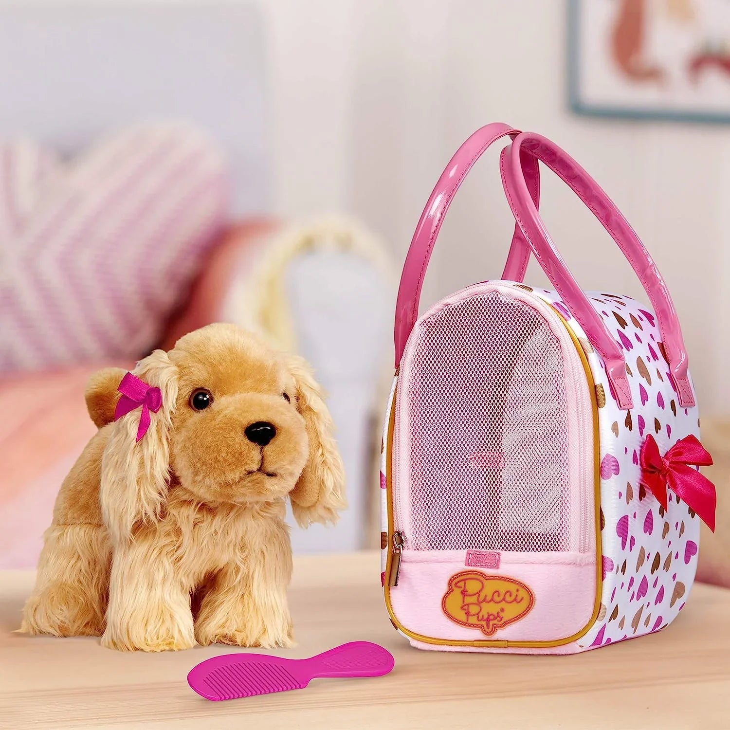 Pucci Pups by Battat Gold & Pink Heart Print Glam Bag w/Cocker Spaniel, 8 inches