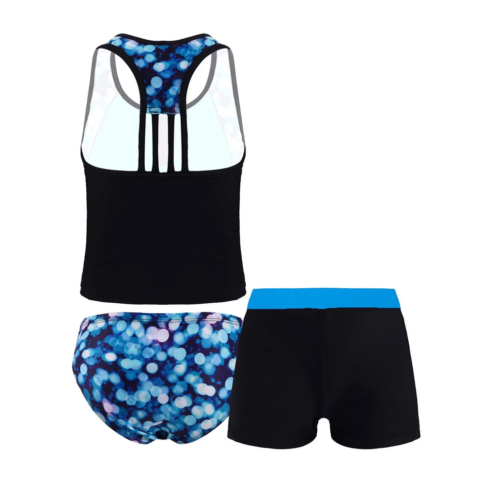 3 Pieces Girls Tankini Swimsuit Set Summer Bathing Suit Floral Hawaii Beach Swimwear,Sizes 4-16 Blue 8