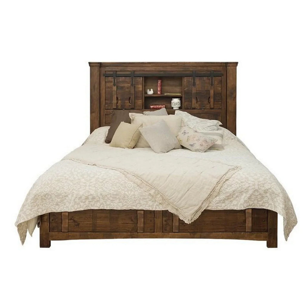 Benjara Maye King Size Bed, 2 Drawers, Fixed Shelves, Deep Rustic Brown Finish