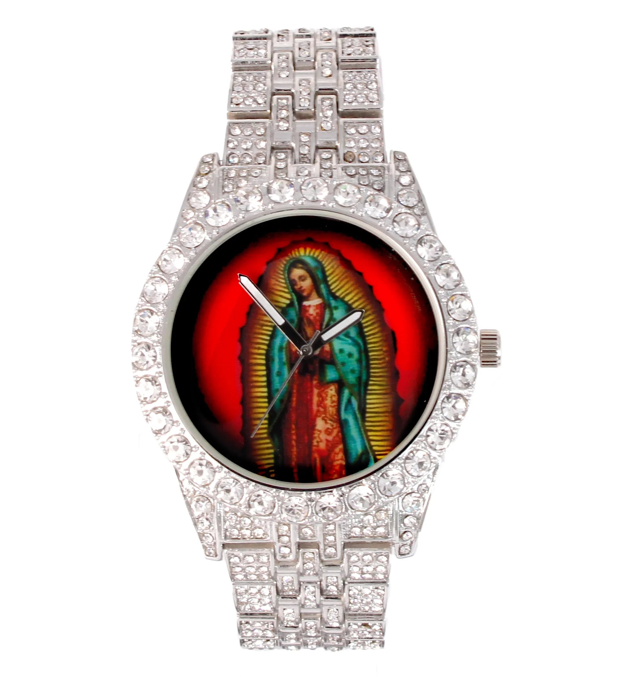 Charles Raymond The Virgin of Guadalupe Blessed Dial - Mens Hip Hop Metal Iced Out Wristwatch - Blinged Out Big Rhinestones on Trim -   Single (Silver )