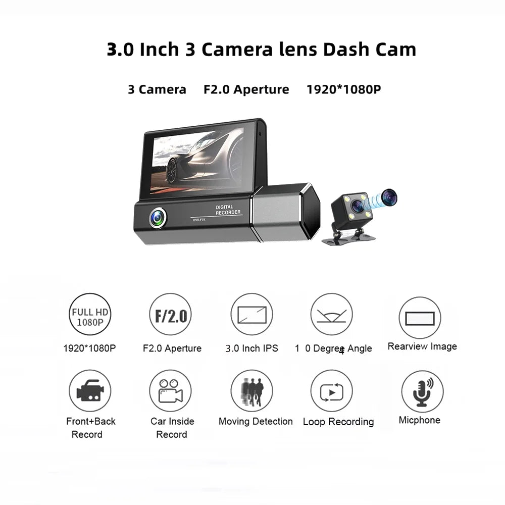 Pinnaco Dash Camera,Radirus Pristin 3-lens Inside Inch Screen 1080p Dvr Dash Inside Rear Support Dash Camera 3 Inch Screen Dashcam Rear Camera Owsoo