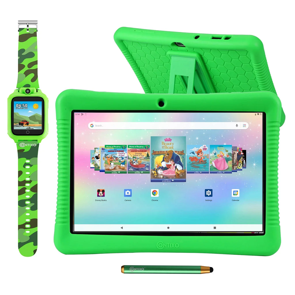 Contixo 10" Android Kids Tablet and Smart Watch Bundle 64GB, Includes 80+ Disney Storybooks & Stickers (Value $400), Kid-Proof Case with Kickstand & Stylus, (2023 Model) - Green