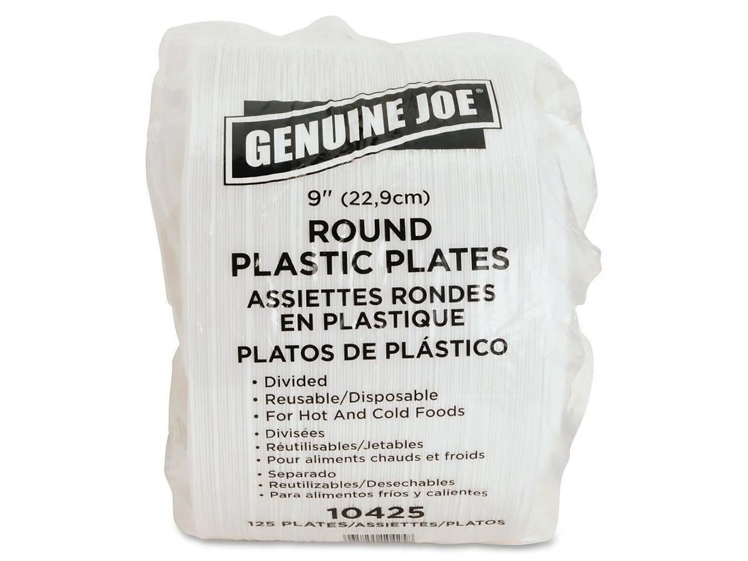 Genuine Joe 3-section Round Plastic Plates, 9", 125 Pack,