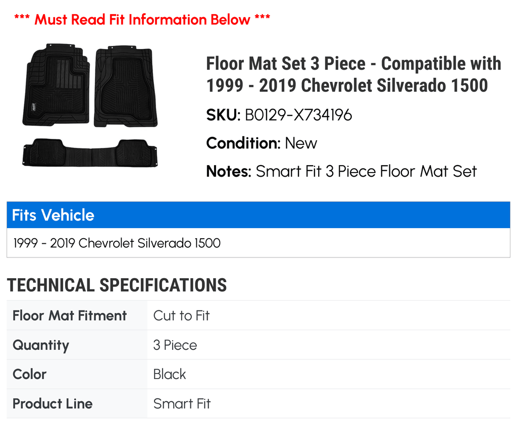 Floor Mat Set 3 Piece - Compatible with 2001 - 2019 Chevy Silverado 2500  2002 2003 2004 2005 2006 2007 2008 2009 2010 2011 2012 2013 2014 2015 2016 2017 2018