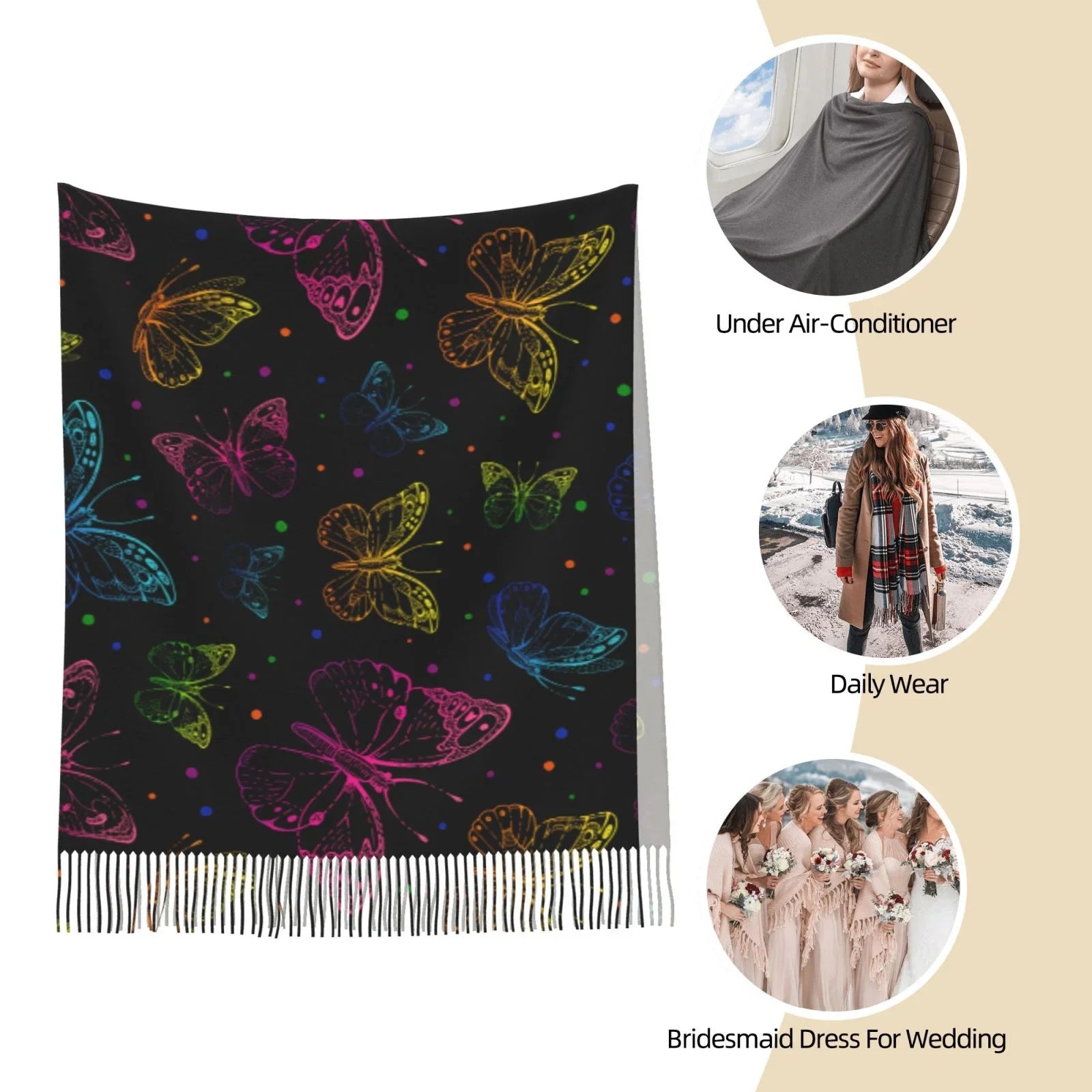 Bingfone Soft Cashmere Feel Scarf For Women Elegant Art Print Winter Warm Scarves Large Shawl Wrap Gifts- Butterfly