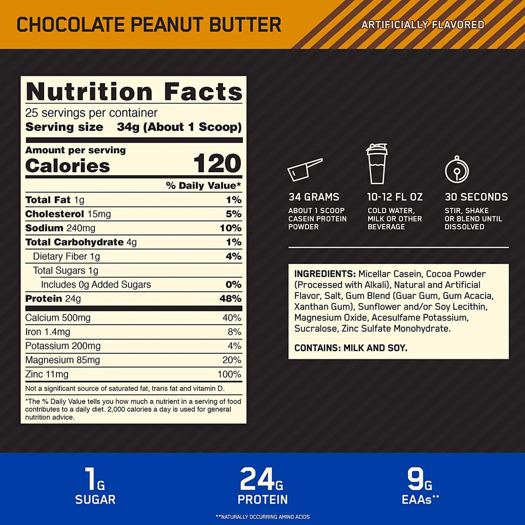 Optimum Nutrition, Gold Standard 100% Casein, 24g Protein Powder, Chocolate Peanut Butter, 1.87 lb