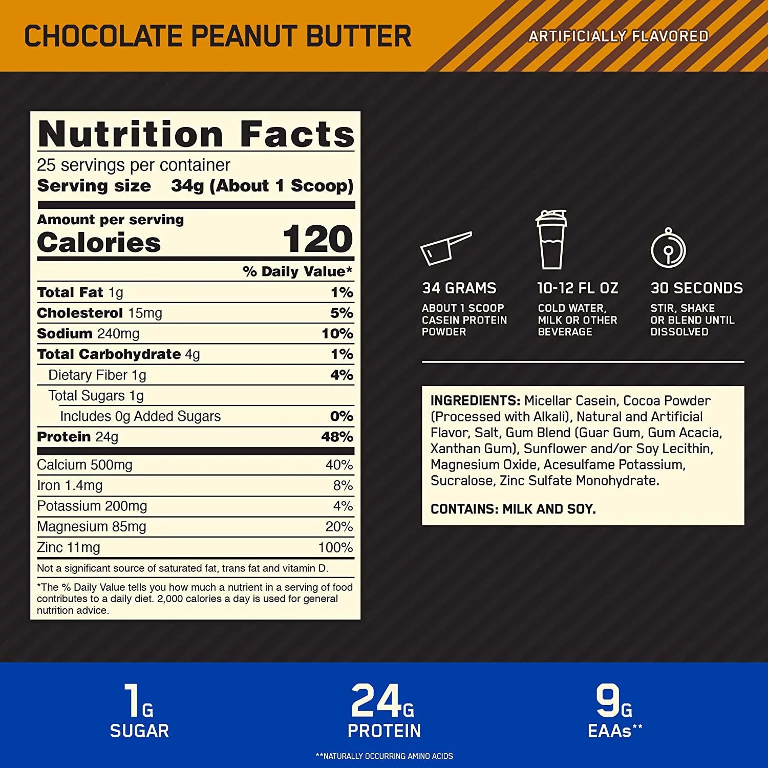 Optimum Nutrition, Gold Standard 100% Casein, 24g Protein Powder, Chocolate Peanut Butter, 1.87 lb