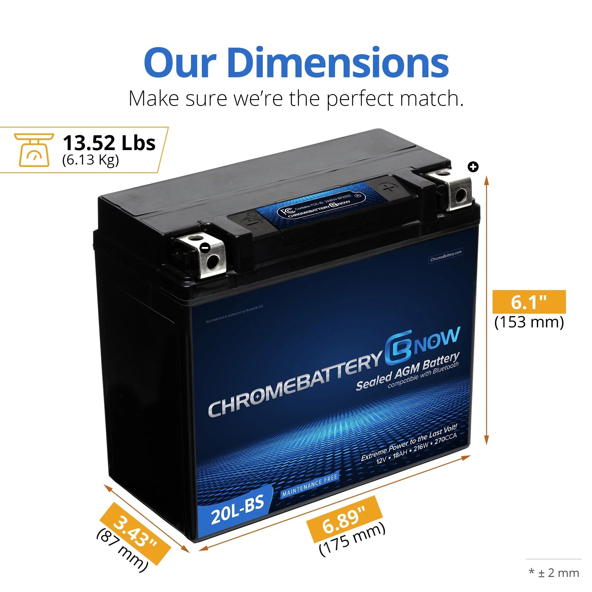 Chrome Battery Now Ytx20l-bs (20l-bs 12 Volt,18 Ah,270 Cca) Intelligent Wireless Smartphone Connectivity  Battery for Personal Watercraft - Brp (sea-doo) 1500 Gti, Gtr, Gts, Gtx, Rxt, Rxp, Wake Years (2016-2018)