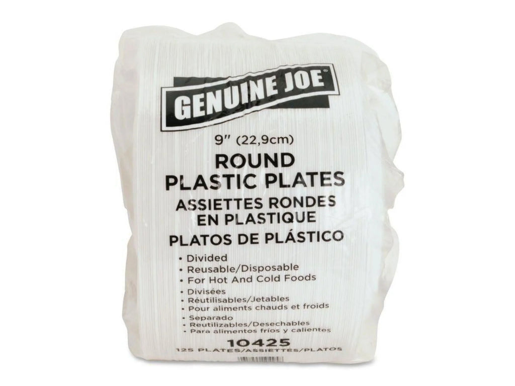 Genuine Joe 3-section Round Plastic Plates, 9", 125 Pack,