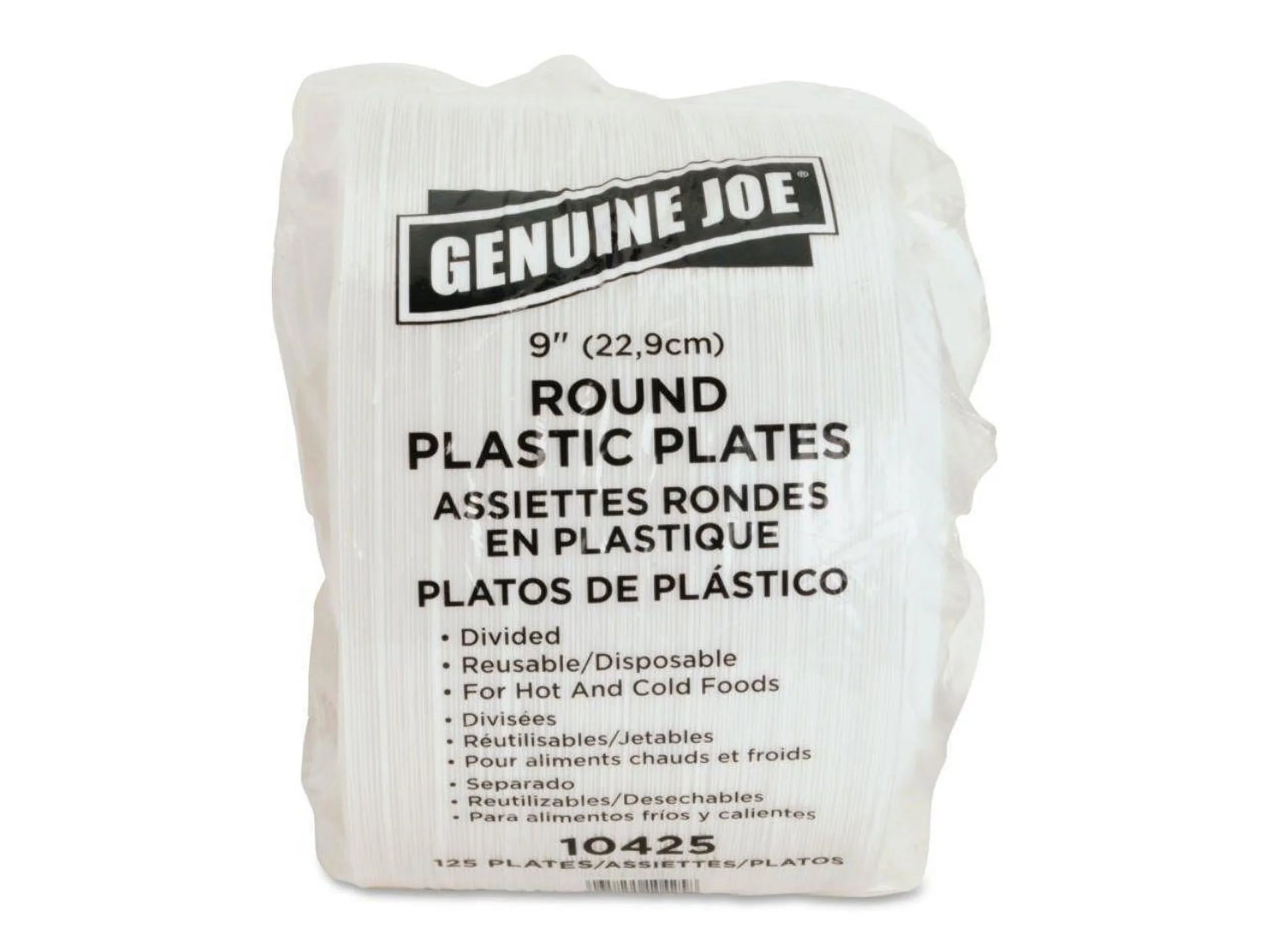 Genuine Joe 3-section Round Plastic Plates, 9", 125 Pack,