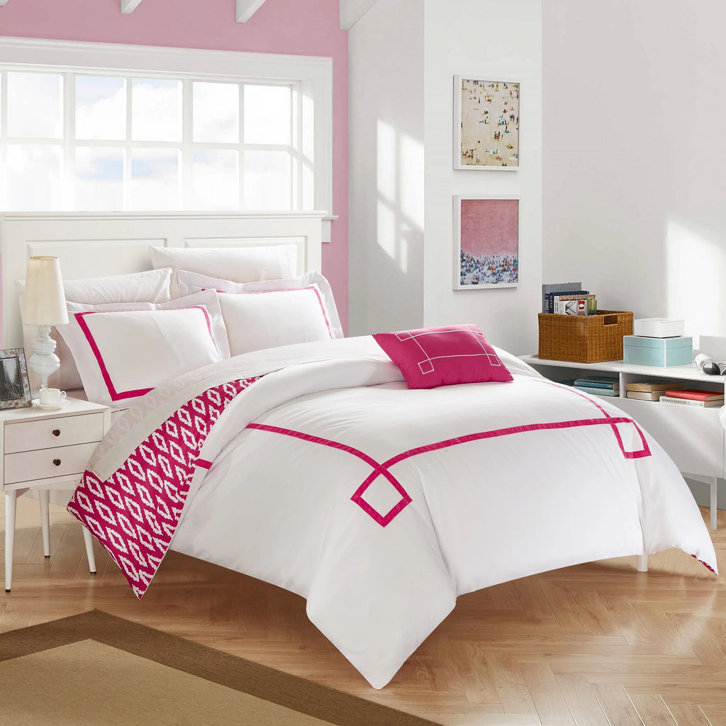 Chic Home 4 Piece Kendall Contemporary Greek Key Embroidered Reversible King Duvet Cover Set Aqua Shams and Decorative Pillows Included
