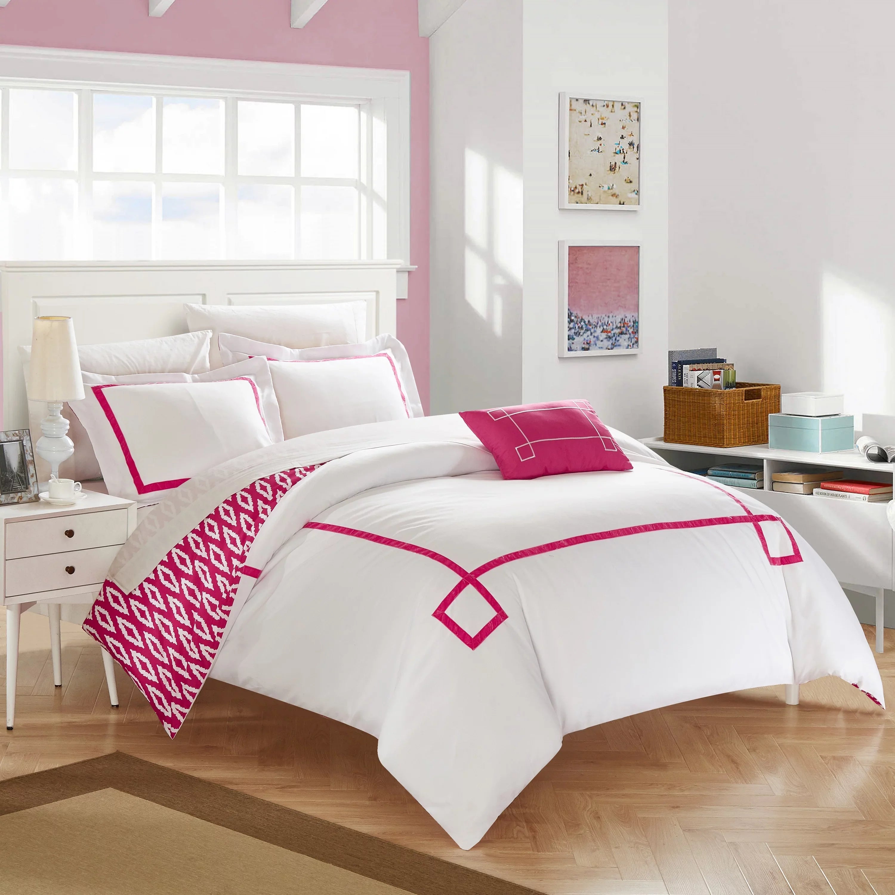 Chic Home 4 Piece Kendall Contemporary Greek Key Embroidered Reversible King Duvet Cover Set Aqua Shams and Decorative Pillows Included