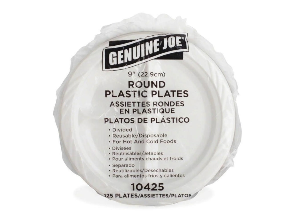 Genuine Joe 3-section Round Plastic Plates, 9", 125 Pack,