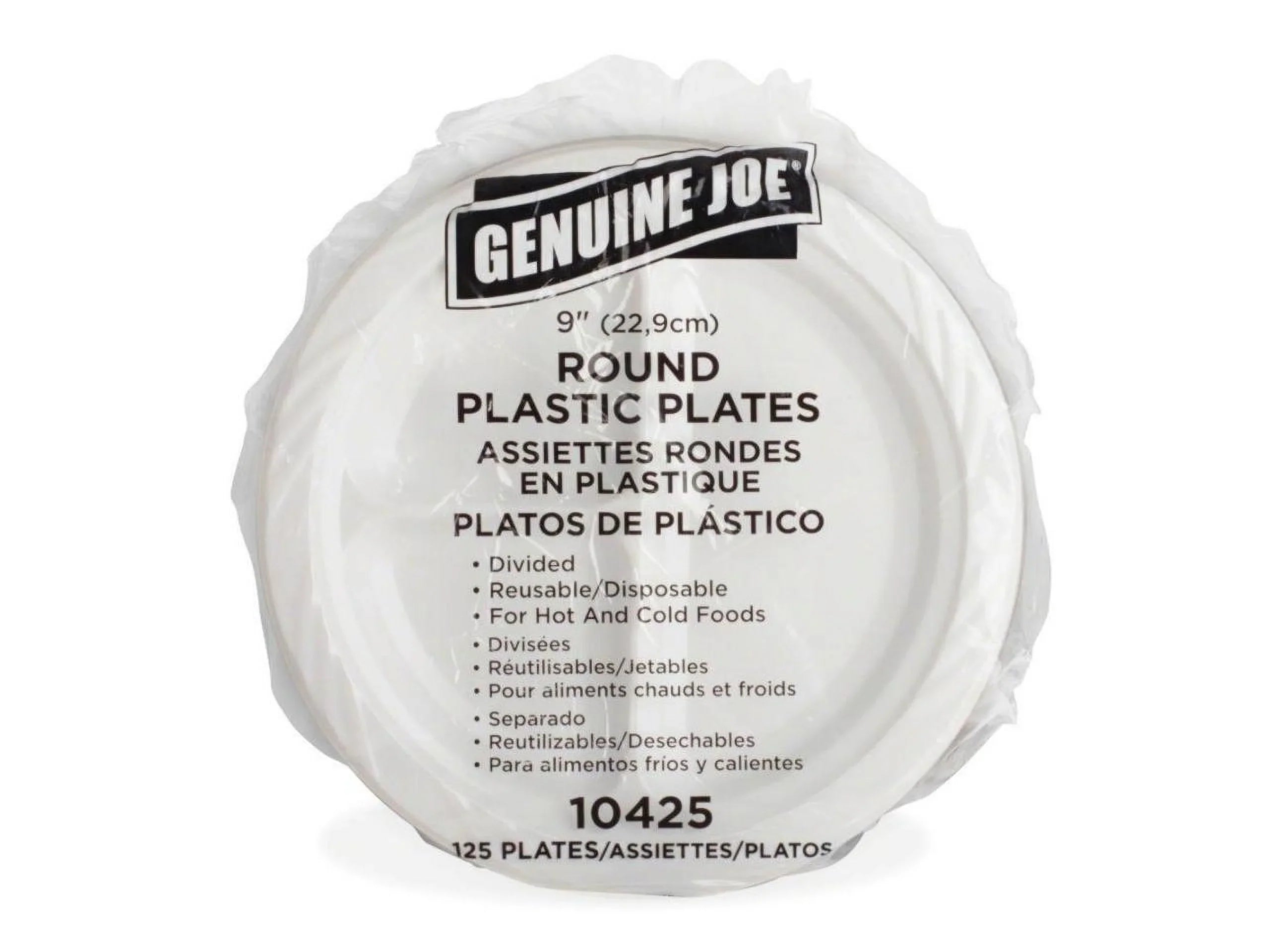 Genuine Joe 3-section Round Plastic Plates, 9", 125 Pack,