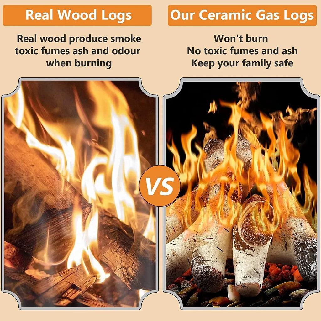 Hisencn Gas Fireplace Logs, 6 Pcs White Birch Ceramic Gas Logs for Gas Fireplace, Indoor Electric Gas Inserts, Propane, Vented, Gel, Ethanol, Indoor or Outdoor Fireplaces, Fireplace Decor