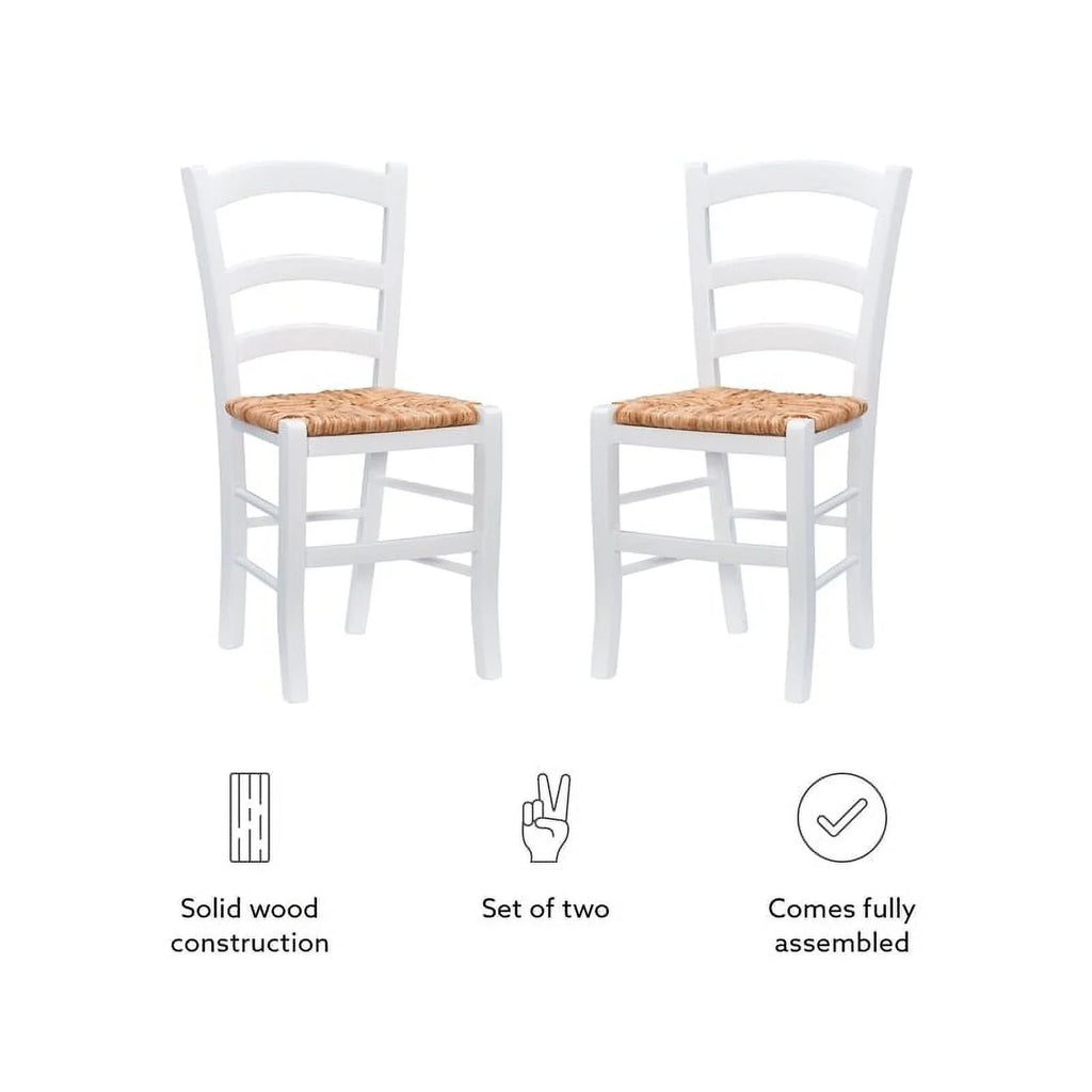 Linon Karsyn Set of Two Wood Side Chairs Ladder Back Rush Seat in White Finish