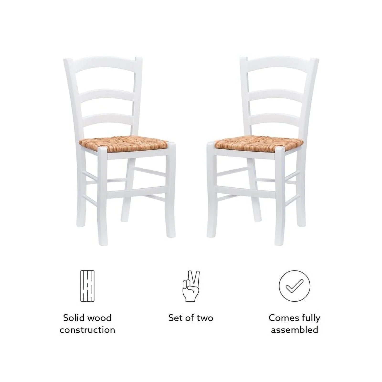 Linon Karsyn Set of Two Wood Side Chairs Ladder Back Rush Seat in White Finish