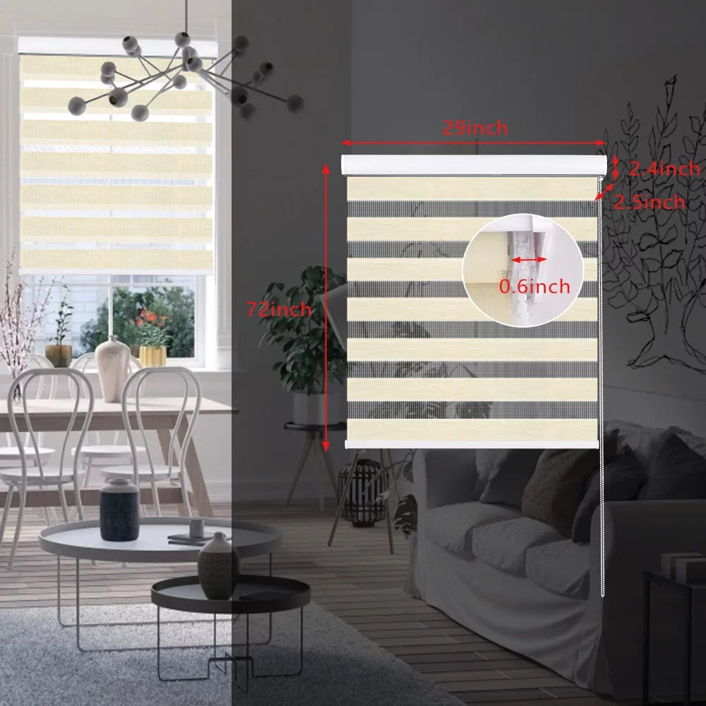 Zebra Blinds for Windows, Dual Layer Roller Sheer Shades Blinds for Day and Night, Light Control Window Treatments Shades with Valance Cover, 29"  x 72" , Striped Beige