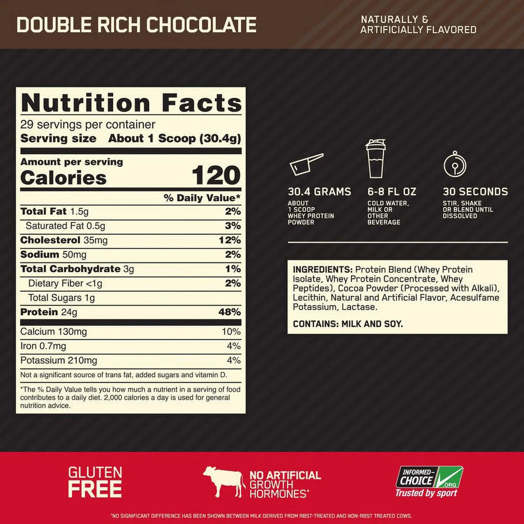 Optimum Nutrition, Gold Standard 100% Whey Protein Powder, Double Rich Chocolate, 2 lb, 29 Servings