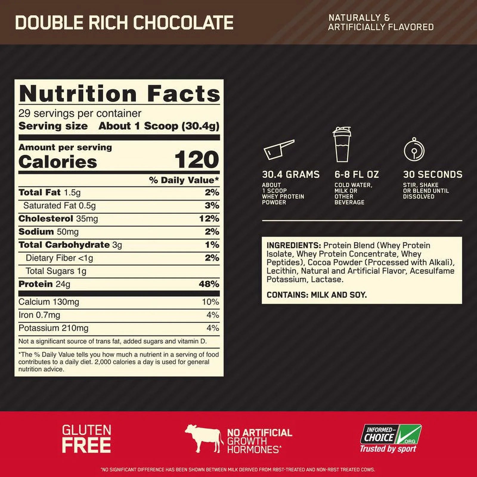 Optimum Nutrition, Gold Standard 100% Whey Protein Powder, Double Rich Chocolate, 2 lb, 29 Servings