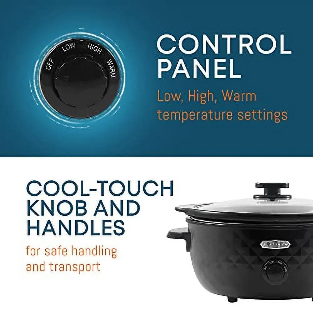 Elite Gourmet # Diamond Pattern Slow Cooker Removable, Dishwasher-Safe Stoneware Pot with Tempered Glass Lid, Cool-Touch Handles, 6 Quart, Charcoal Black