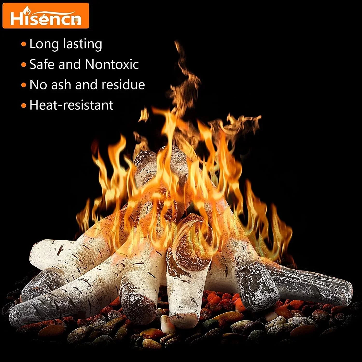 Hisencn Gas Fireplace Logs, 6 Pcs White Birch Ceramic Gas Logs for Gas Fireplace, Indoor Electric Gas Inserts, Propane, Vented, Gel, Ethanol, Indoor or Outdoor Fireplaces, Fireplace Decor