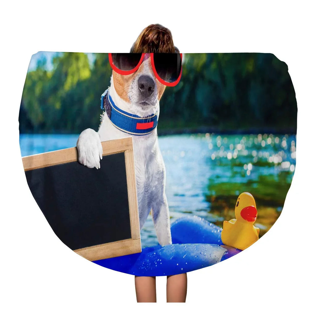 60 inch Round Beach Towel Blanket Jack Russell Dog Sitting on Inflatable Mattress in Water Travel Circle Circular Towels Mat Tapestry Beach Throw