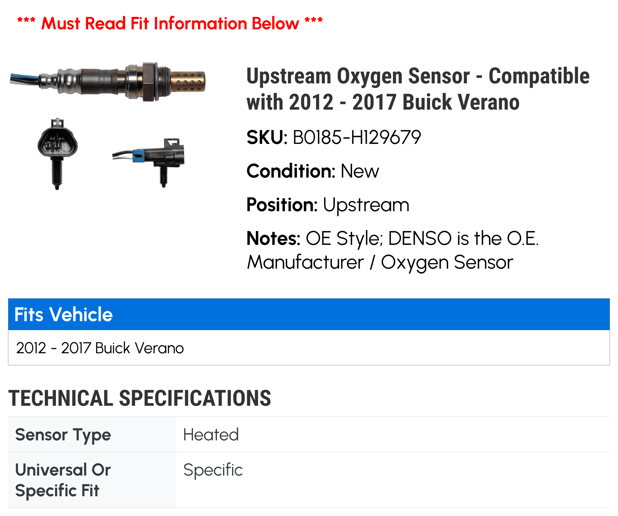Upstream Oxygen Sensor - Compatible with 2012 - 2017 Buick Verano 2013 2014 2015 2016