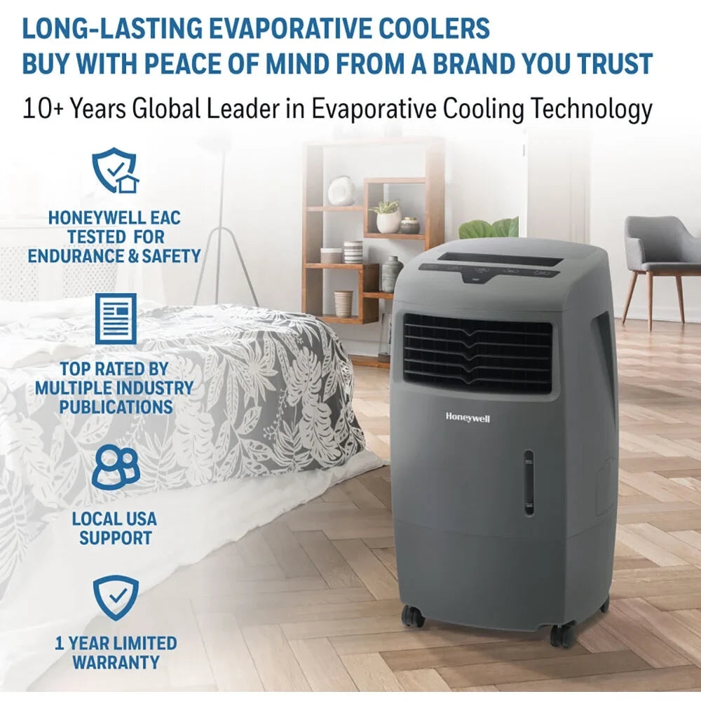 Honeywell 500-694CFM Indoor Outdoor Portable Evaporative Cooler with Fan & Humidifier, Ice Compartment & Remote Control, , Gray